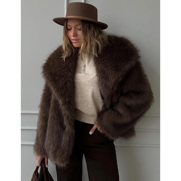 Womens Coffee Faux Fur Coat Shaggy Fluffy Jacket Long Sleeve Warm Winter Outwear - Picture 3 of 7